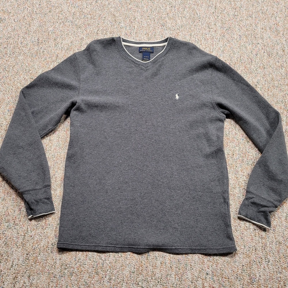 Polo Ralph Lauren Sweater Mens XL Grey Waffle Knit Long Sleeve Lightweight Pony